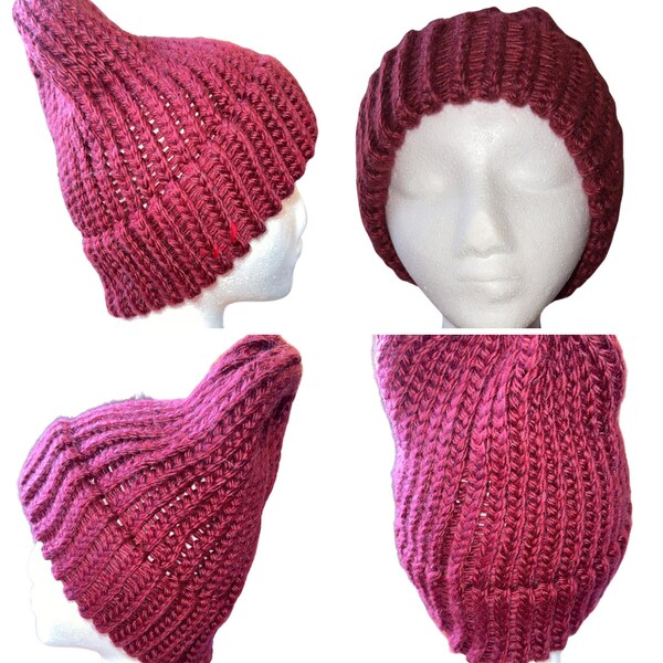 Burgundy Handknit Winter Hat, Winter Cap, Wintertime Clothing, Cold Weather Hat, Cold Weather Gear, Polyester Yarn Handknit Wintertime Hat