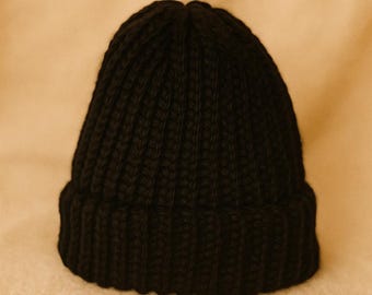 Black Handknit Winter Hat I Chunky Knit Beanie I Cozy Cold Weather Cap I Ribbed Wool Blend Hat I Handmade Wintertime Accessory Hat