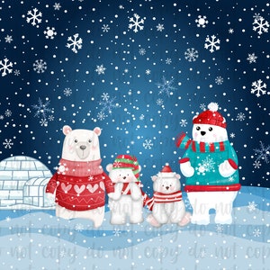 May include: Four white polar bears wearing winter hats and scarves stand in a snowy landscape with a white igloo in the background. The sky is blue with white snowflakes falling.