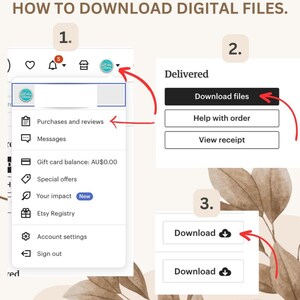 May include: An instructional graphic titled HOW TO DOWNLOAD DIGITAL FILES. It displays three numbered steps with red arrows pointing to interface elements: a user account menu, a Purchases and reviews link, and Download files buttons.