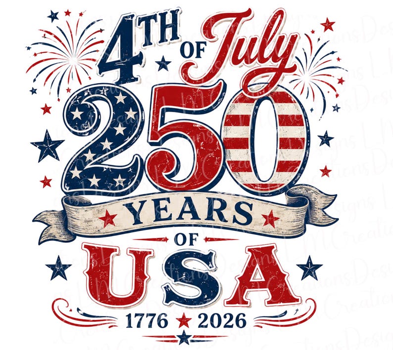 May include: A patriotic graphic for the 4th of July, celebrating 250 years of the USA. The design features red, white, and blue text and stars, with fireworks and the years 1776 and 2026. The words "4th of July" and "USA" are prominent.