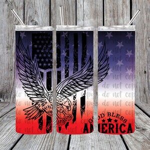 USA American 20oz Skinny Tumbler, God Bless America, Red White Blue American Flag Tumbler, American Tumbler Personalized, Patriotic Tumbler