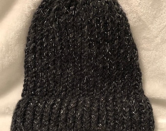 Black & Silver Handknit Winter Hat I Chunky Knit Beanie I Cozy Cold Weather Cap I Ribbed Wool Blend Hat I Handmade Wintertime Accessory Hat