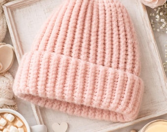 Pale Pink Handknit Winter Hat I Chunky Knit Beanie I Cozy Cold Weather Cap I Ribbed Wool Blend Hat I Handmade Wintertime Accessory Hat