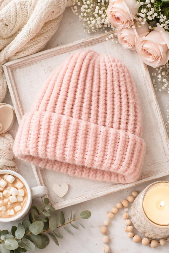 Pale Pink Handknit Winter Hat I Chunky Knit Beanie I Cozy  display picture 1