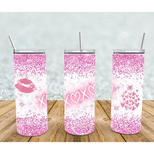 Valentine&#39;s Day Tumbler, 20oz Skinny Tumbler XOXO glitter design personalized tumbler, kiss lips, personalized cup