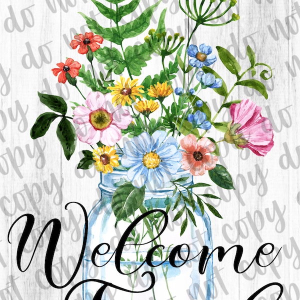 Welcome Friends Garden Flag PNG Sublimation Digital Download, Welcome Friends, Flowers in Vase on Wooden Background, Friends are Welcome