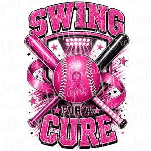 May include: A graphic design featuring the text SWING FOR A CURE in pink glittery letters. A pink baseball with a breast cancer awareness ribbon sits in the center, crossed by a pink and a black baseball bat over a shield and stadium lights.
