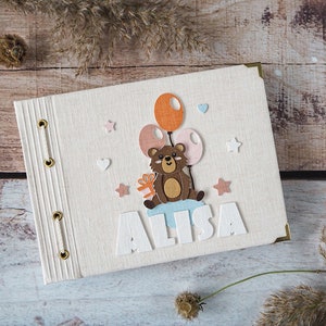 Baby Birthday Linen Photo album with Teddy Bear and ballons | Birthday Babyshower Handmade Personalised Gift