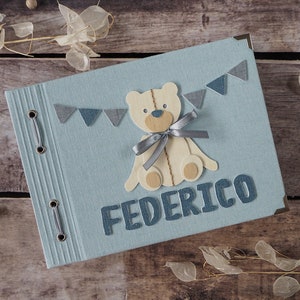 Baby Handmade Personalised Blue Linen Photo album with Teddy Bear | Toddler Wish Book | Christening Birthday Baptism Babyshower Gift