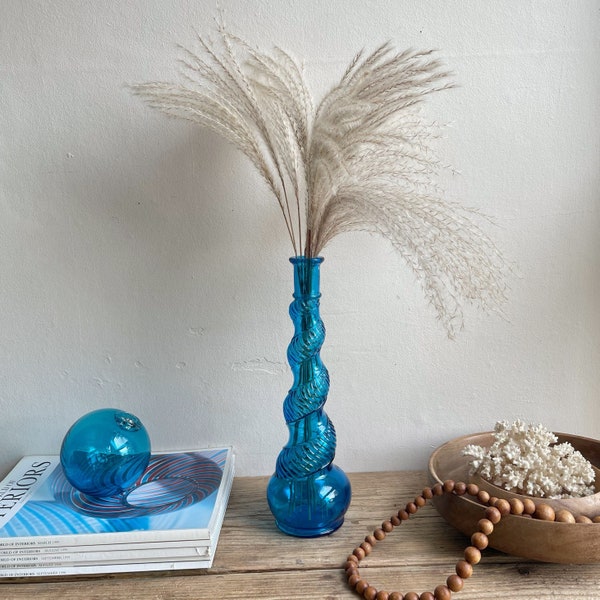 1960s Vintage Blue Depose Twist Glass Genie Bottle Vase