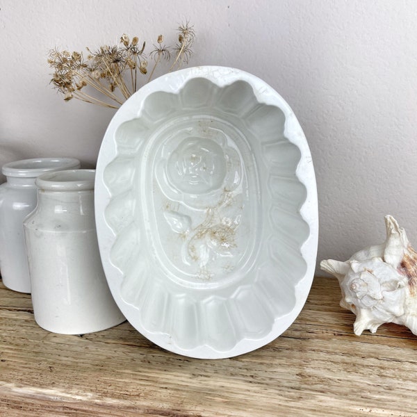 Vintage Victorian White Ironstone Jelly Mould with Rose Detail - Rustic Kitchen Decor / Mousse Tin / Mold