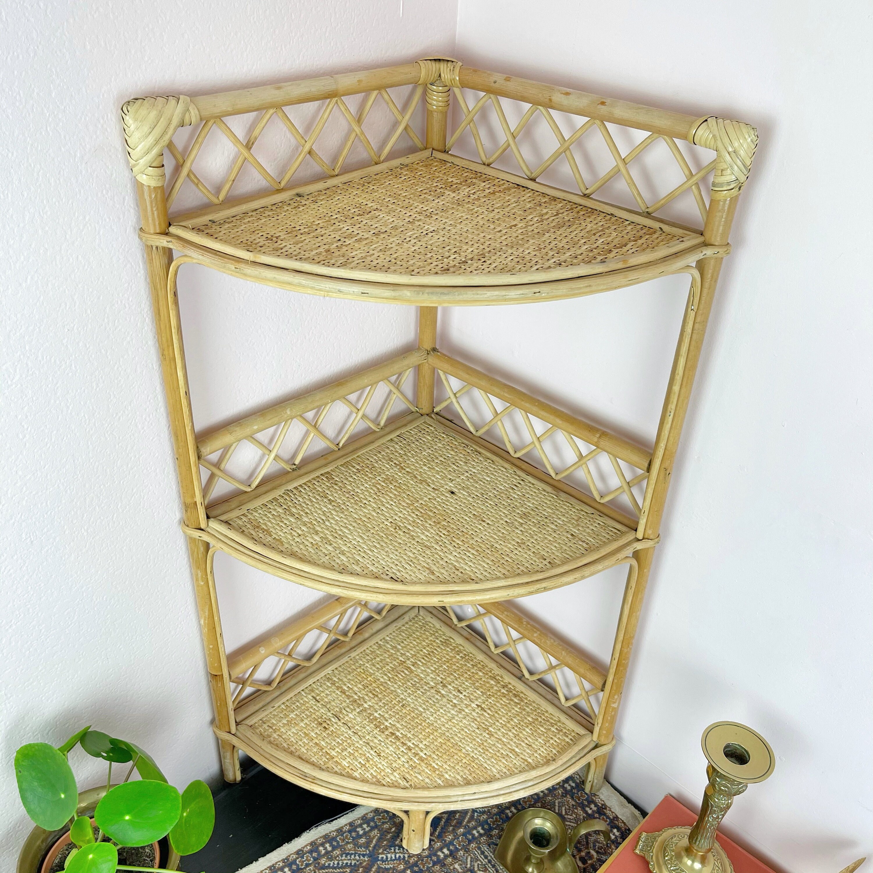 Bohemian Bamboo and Wicker Corner Shelf Unit / Boho Home / 80s Etsy