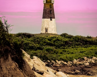 Judith (Narragansett, Rhode Island; Photograph, Photo; Sunset, New England; Lighthouse, Point Judith, Rocks, Pink, Brown)