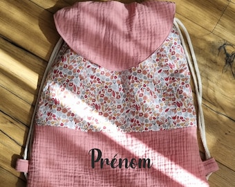 Sac à dos pochon enfant personnalisé prénom fleurs liberty pour enfant ou bébé à l'école ou chez nounou