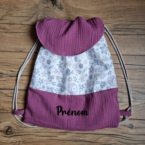 Sac à dos pochon enfant personnalisé prénom fleurs liberty pour enfant ou bébé à l'école ou chez nounou Etoile Violet