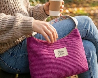 Personalized taupe messenger bag with inscription - Handmade gift for women - Velvet & cotton shoulder bag