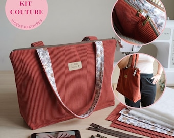 Corduroy tote bag sewing kit, ready to sew, pre-cut fabrics + video tutorial, personalized engraved label, perfect gift for a seamstress