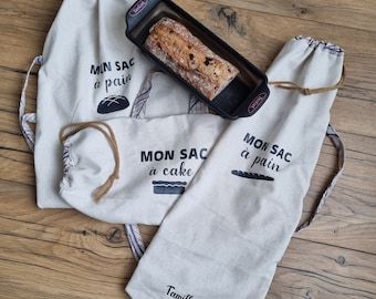 sac à pain, baguette et cake en coton personnalisé avec inscription, pour la conservation des aliments