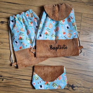 Sac à dos pochon enfant personnalisé avec prénom, motif kawai japonais et velours côtelé marron, pour enfant, bébé, école, nounou, crèche