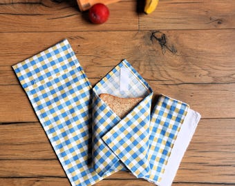 Kit Pochette à sandwich lavable et réutilisable en coton enduit, format pain de mie et demi-baguette et essuie-tout lavable