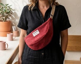 Half-moon bag, shoulder bag, crossbody bag, in corduroy, personalized with inscription, name