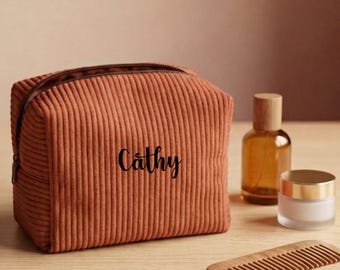 Personalized corduroy makeup bag – Toiletry bag with patterned lining – Custom gift for women – Handmade accessory from France