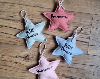 Customizable Fabric Star in Cotton Gauze, Baby Room Decoration for Birth or Christening, Hanging Name or Inscription, Handmade Gift