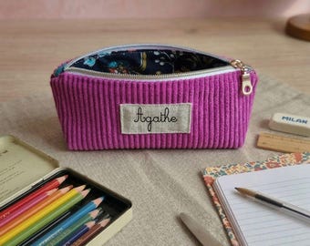 Personalized pencil case with name - Velvet & coated cotton - School pencil case - Handmade children's gift from France - Back-to-school pen case