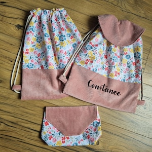 Sac à dos pochon enfant personnalisé avec prénom, fleurs et velours côtelé rose, pour enfant, bébé, école, nounou, crèche