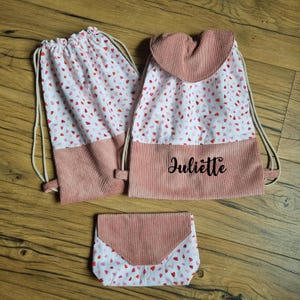 Sac à dos pochon enfant personnalisé avec prénom, cœurs et velours côtelé rose, pour enfant, bébé, école, nounou, crèche