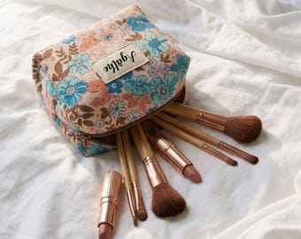 Velvet makeup bag – Original patterns (Leopard, Flowers, Checks) – Personalized toiletry bag with name – Handmade