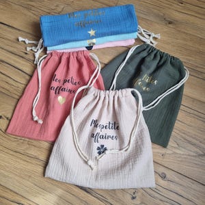 Sac pochon en tissu double gaze de coton personnalisé, emballage cadeau écologique, sac cadeau, pochon naissance, paquet cadeau, hotte noël