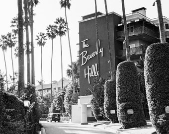 Beverly Hills Hotel, famous hotel photo, Beverly Hills, iconic hotel, famous hotel, black and white, Los Angeles, classic Los Angeles