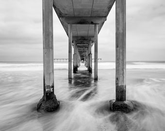 Ocean Beach Pier Black and White Photography San Diego OB Coastal CA beach wall art Southern California