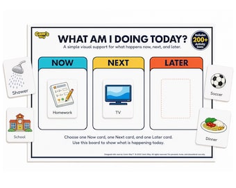 Nu volgende later-bord, afdrukbaar visueel schema, schema met kinderroutines, visuele ondersteuning autisme, bord met dagelijkse routine, pdf-activiteitspictogrammen