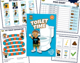 Bundel met toilettijdverhalen, afdrukbare visuele toiletroutine, ondersteuning zindelijkheidstraining, communicatiekaarten badkamer, ondersteuning autisme