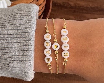 Custom Gold Slider Bracelet • Personalized Mother's Day Gift • Boxed Chain Adjustable Bracelet • Dainty Gold-filled beads • Cubic Zirconia