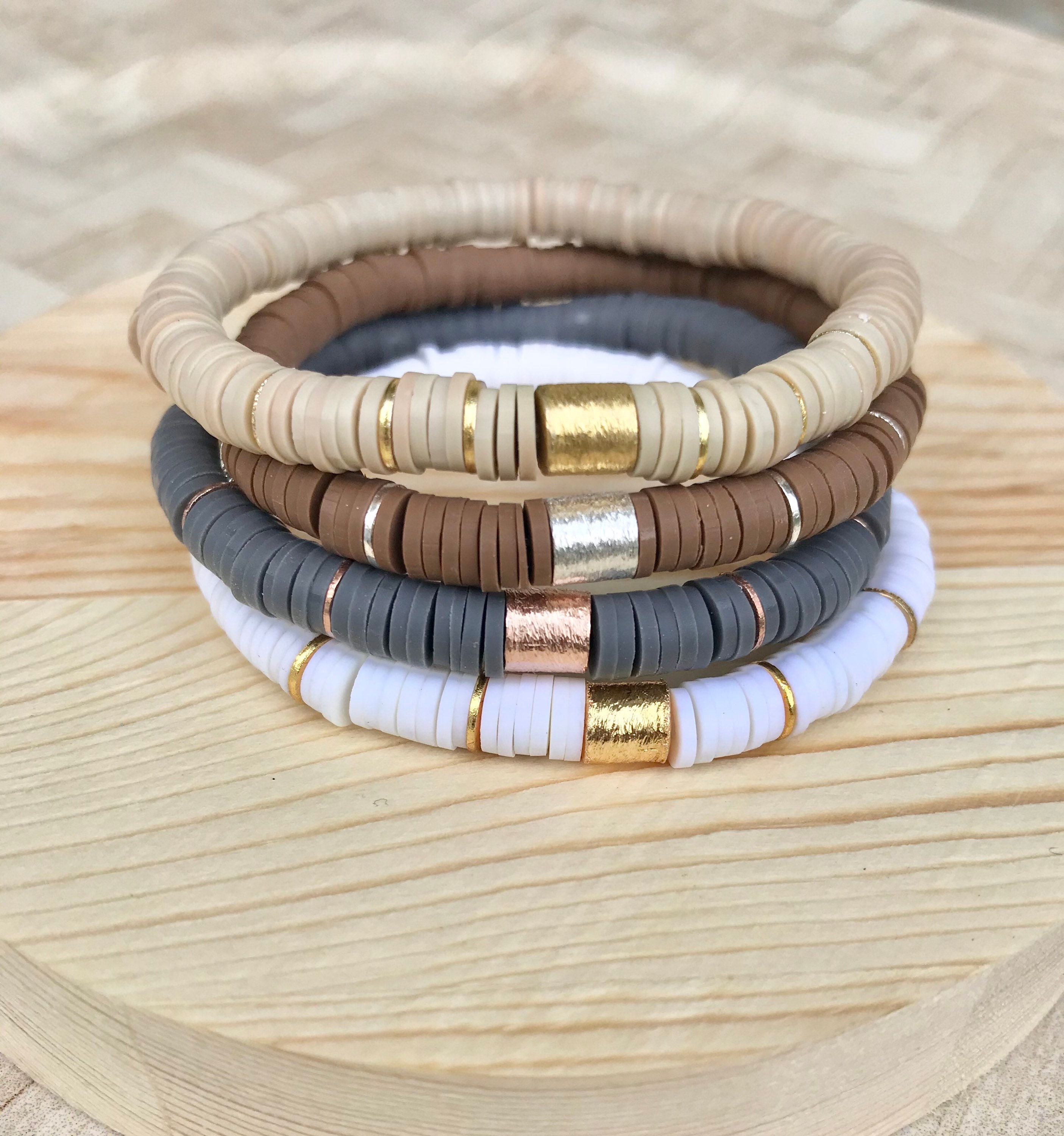 Brushed Gold Bar Bracelet • Stackable Bracelet • 6mm Heishi Beads • M…