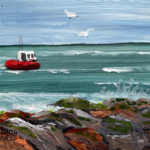 Original pebble art of a fishing boat heading out to sea
