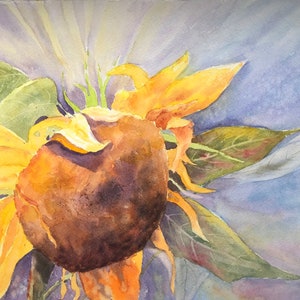 Könnte beinhalten: Ein Aquarellbild einer Sonnenblume mit gelben Blütenblättern und einer braunen Mitte. Die Sonnenblume ist von grünen Blättern und einem hellblauen Hintergrund umgeben. Die Unterschrift der Künstlerin "Barbara Borst" befindet sich in der rechten unteren Ecke.
