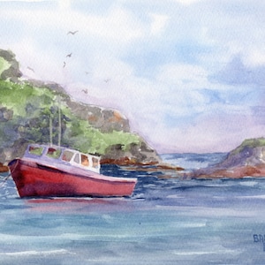 Original watercolor painting, titled &quot;Red Buoy&quot;, of a red fishing boat on the coast of Monhegan Island in Maine
