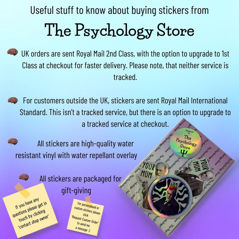 Puede incluir: Una imagen colorida con texto que dice "The Psychology Store". La imagen tambi&eacute;n incluye una pegatina con el texto "Your Mum" y una pegatina con el texto "The Psychology Store".
