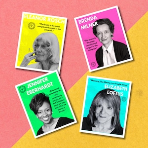 May include: Four colorful cards with a white border, each featuring a different female psychologist. The cards have a quote from each psychologist and a small psychology symbol in the corner. The background is a pink and yellow gradient.