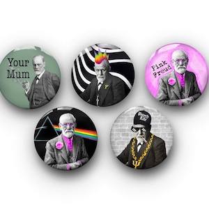 Pin's de psychologie | Lot de 5 | Cadeau pour étudiant-enseignant en psychologie thérapeute conférencier | Blague rose Freud Freud gangster punk | Cabas Uni |