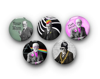 Psychology Pin Badges | Set of 5 | Gift for Psychology Student Teacher Lecturer Therapist | Joke Pink Freud Punk Gangster Freud | Uni Tote |