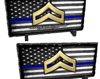 Police Corporal Rank Bars American Flag Thin Blue Line Art Chiseled Slate Rock On An Easel | Police Graduation Gift | Personalized