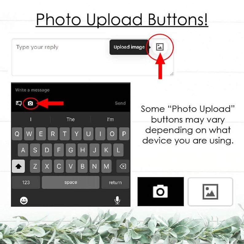 May include: Image showing examples of photo upload buttons. The image includes a text box with an "Upload image" button, a smartphone keyboard with a camera icon, and two additional photo upload button options.
