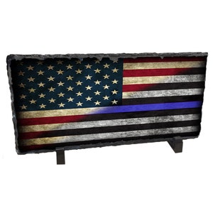 American Flag Thin Blue Line Art Chiseled Slate Rock On An Easel | Police Graduation Gift | Police Officer Gift | Gift For Police Officers