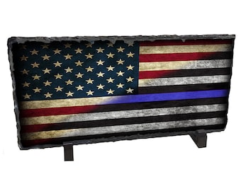 Thin Blue Line American Flag Art | Engraved Slate Rock on Easel